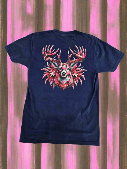 Pink Camo Deer Head Tee Shirt Navy