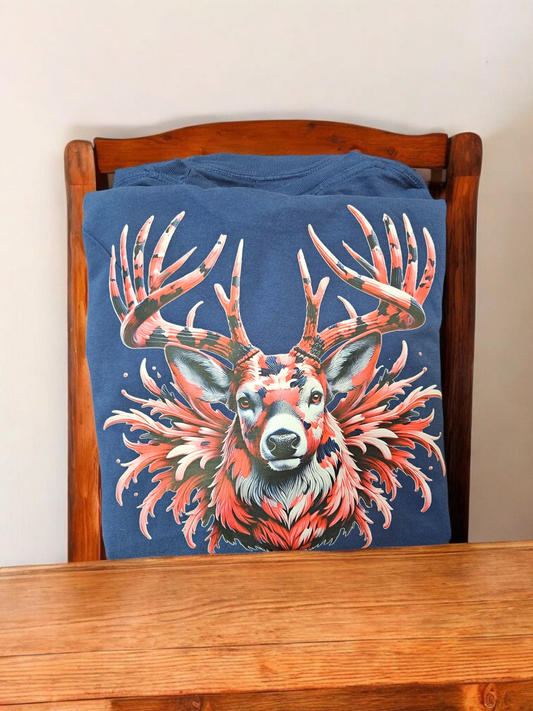 Pink Camo Deer Head Tee Shirt Navy