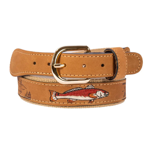 Redfish Embroidered Nubuck Tan Leather Belt