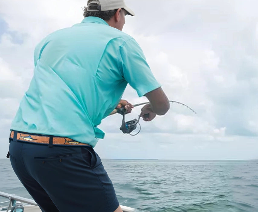 Marlin Embroidered Nubuck Tan Leather Belt