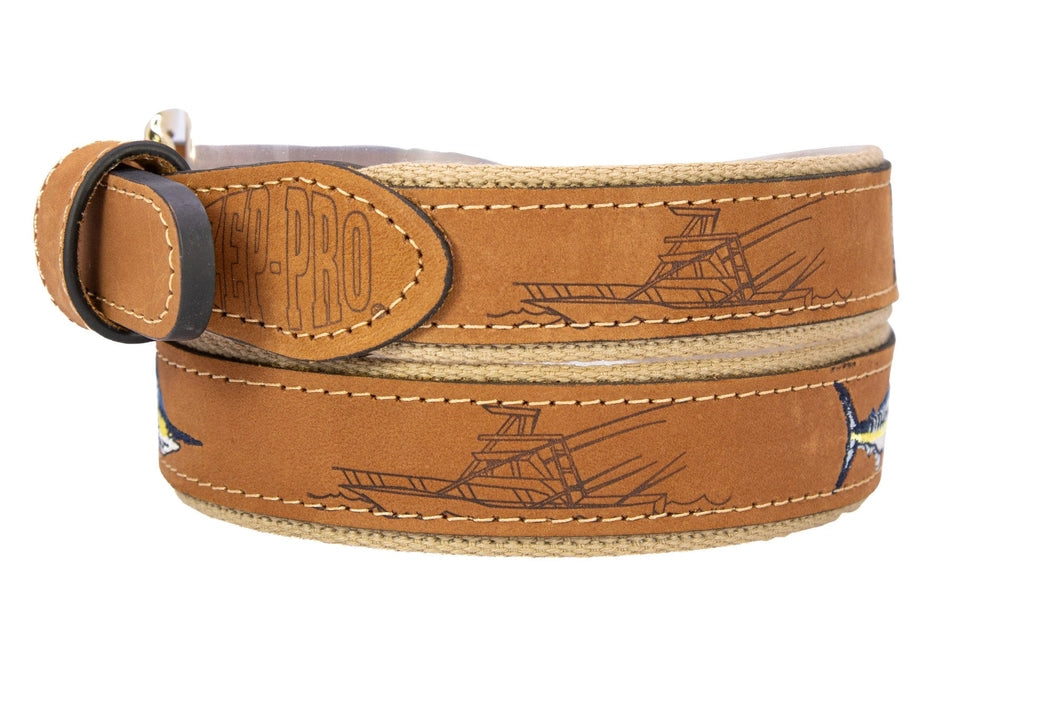 Marlin Embroidered Nubuck Tan Leather Belt